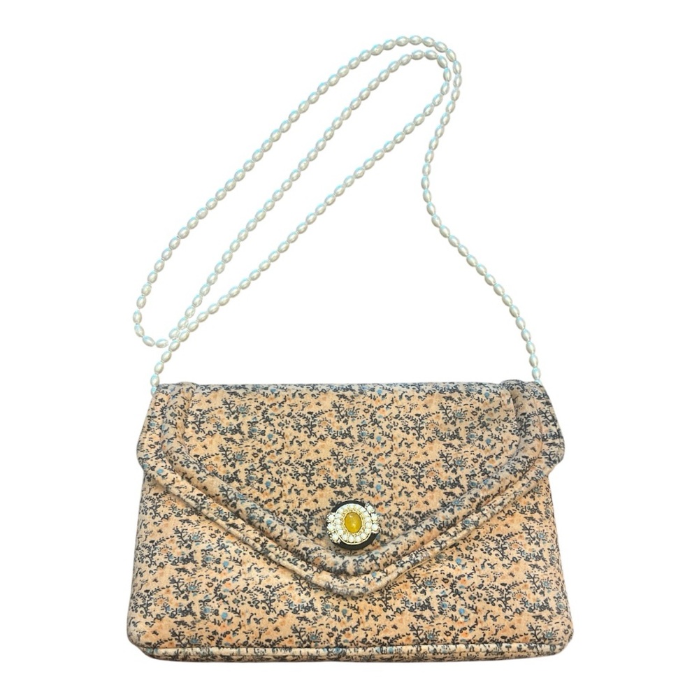 Anthropologie Velvet  Printed Crossbody Bag with Pearl Strap Retro Brooch Detail